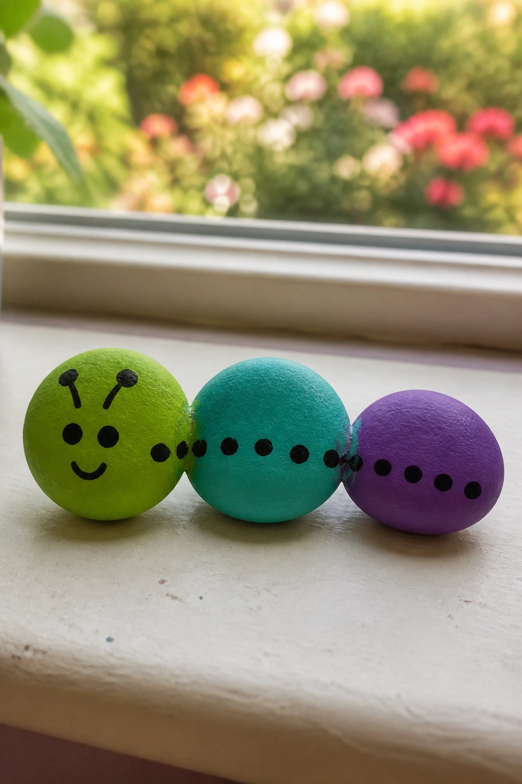 Three painted rocks forming a smiling caterpillar with dotted body on windowsill.