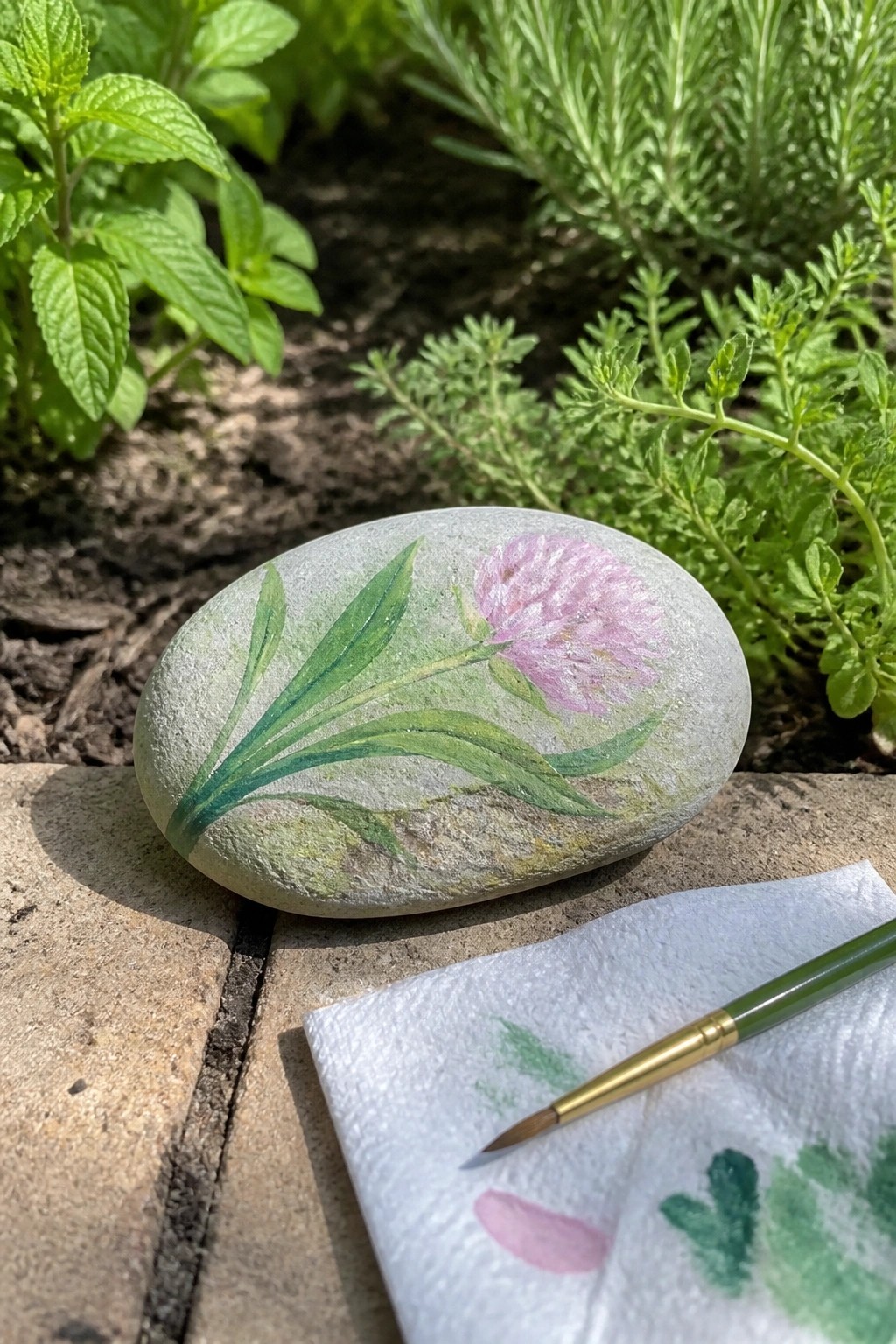 Painted rock with pink flower and green leaves beside brush on paint-stained towel