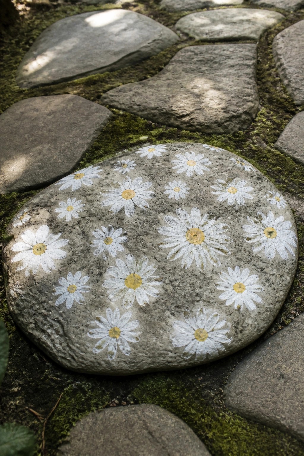 Mossy stone path featuring a round rock painted with white and yellow daisies