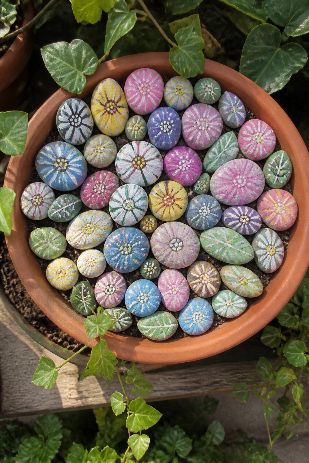 Terracotta pot filled with colorful painted rocks resembling flowers amid green leaves.
