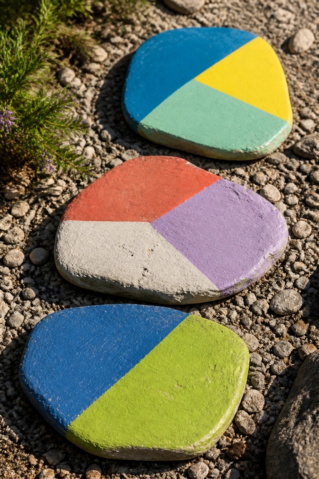 Three painted rocks with bright geometric color sections on gravel ground.