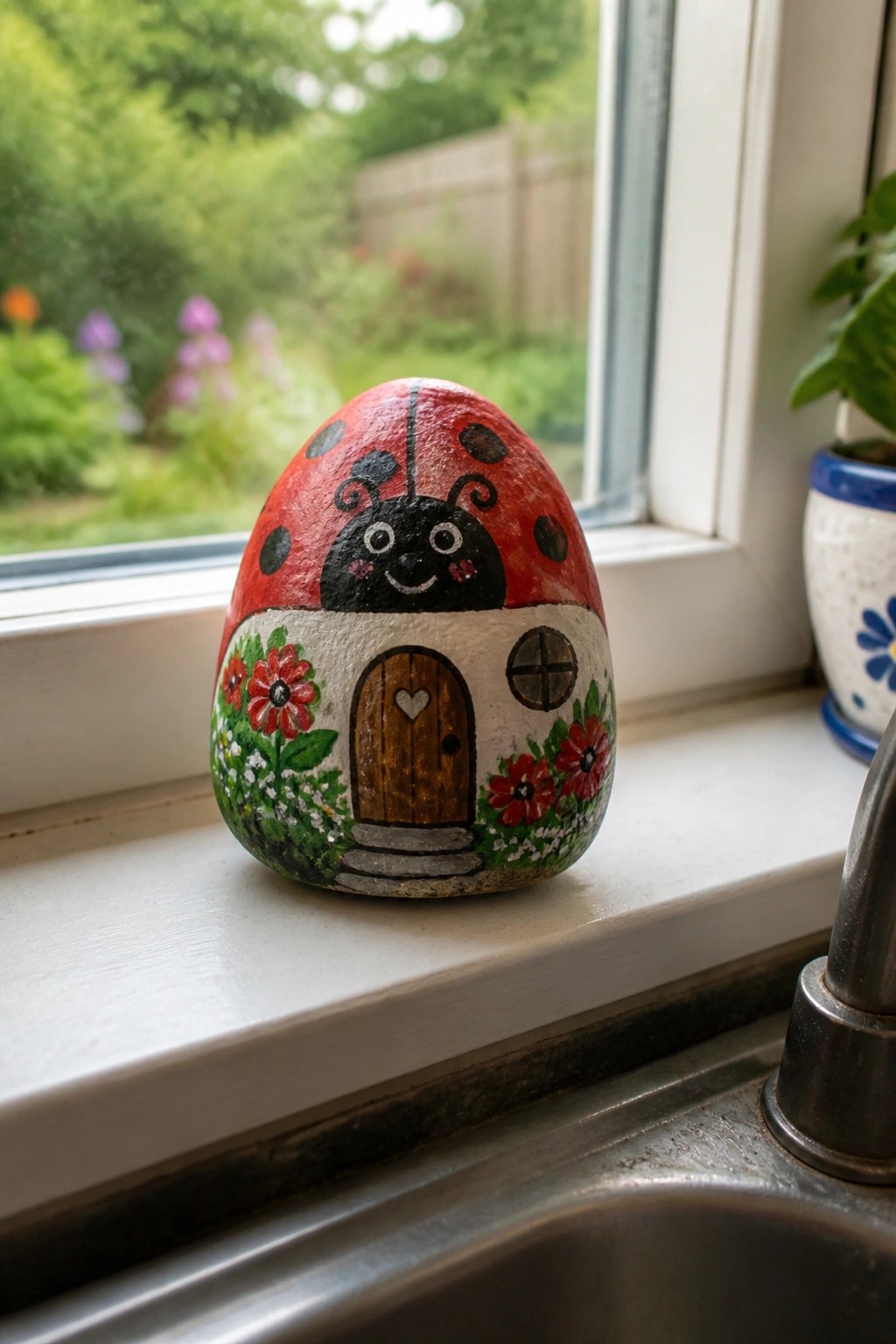 Painted ladybug rock with house door, flowers on windowsill by sink