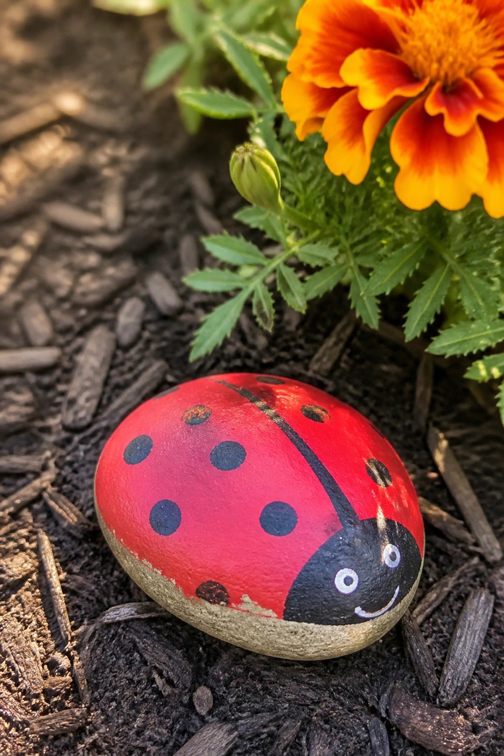 Red ladybug painted on rock on mulch beside orange marigold flower.