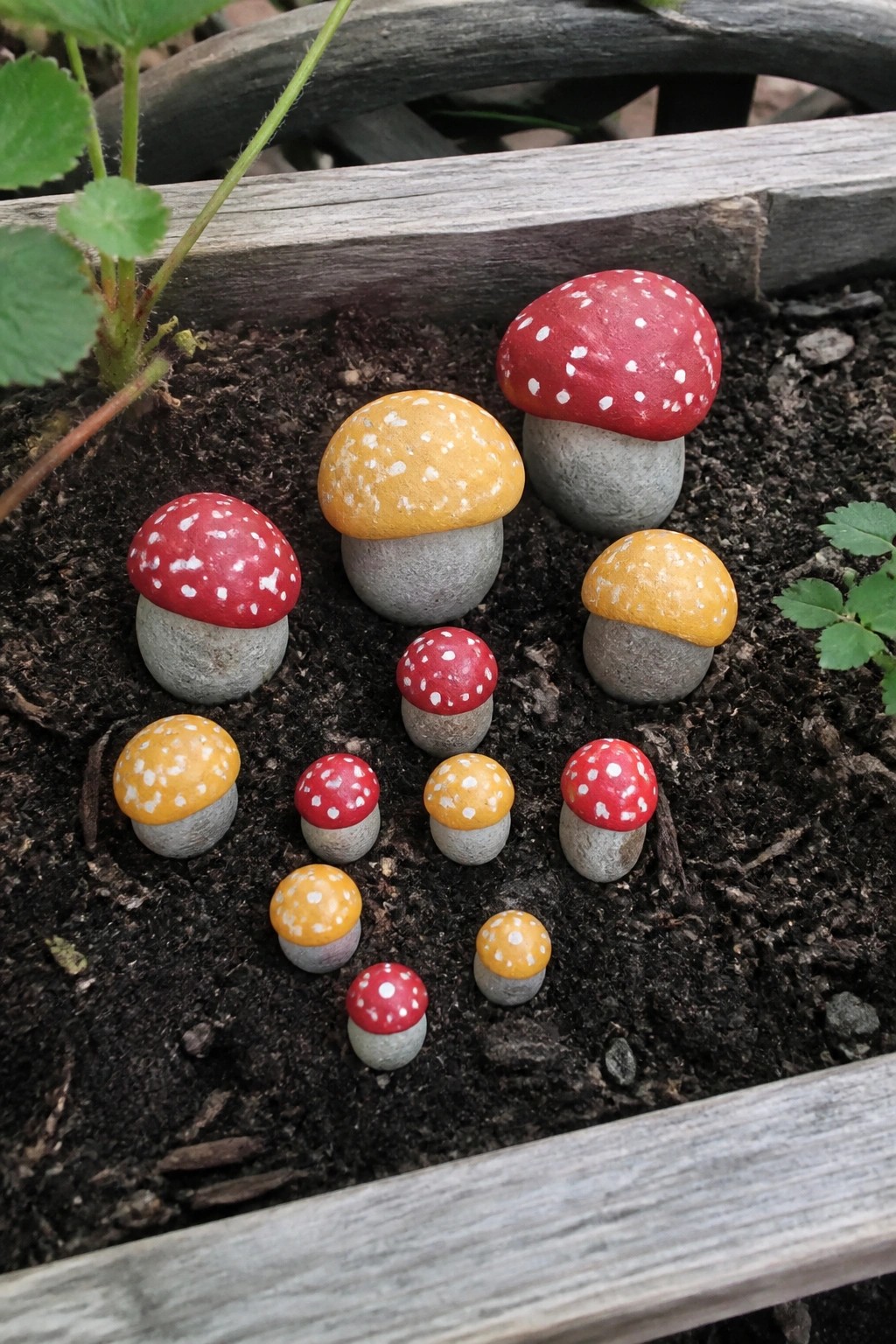 Small rocks painted as mushrooms with red and yellow spotted caps and gray stems placed in soil inside a wooden planter.