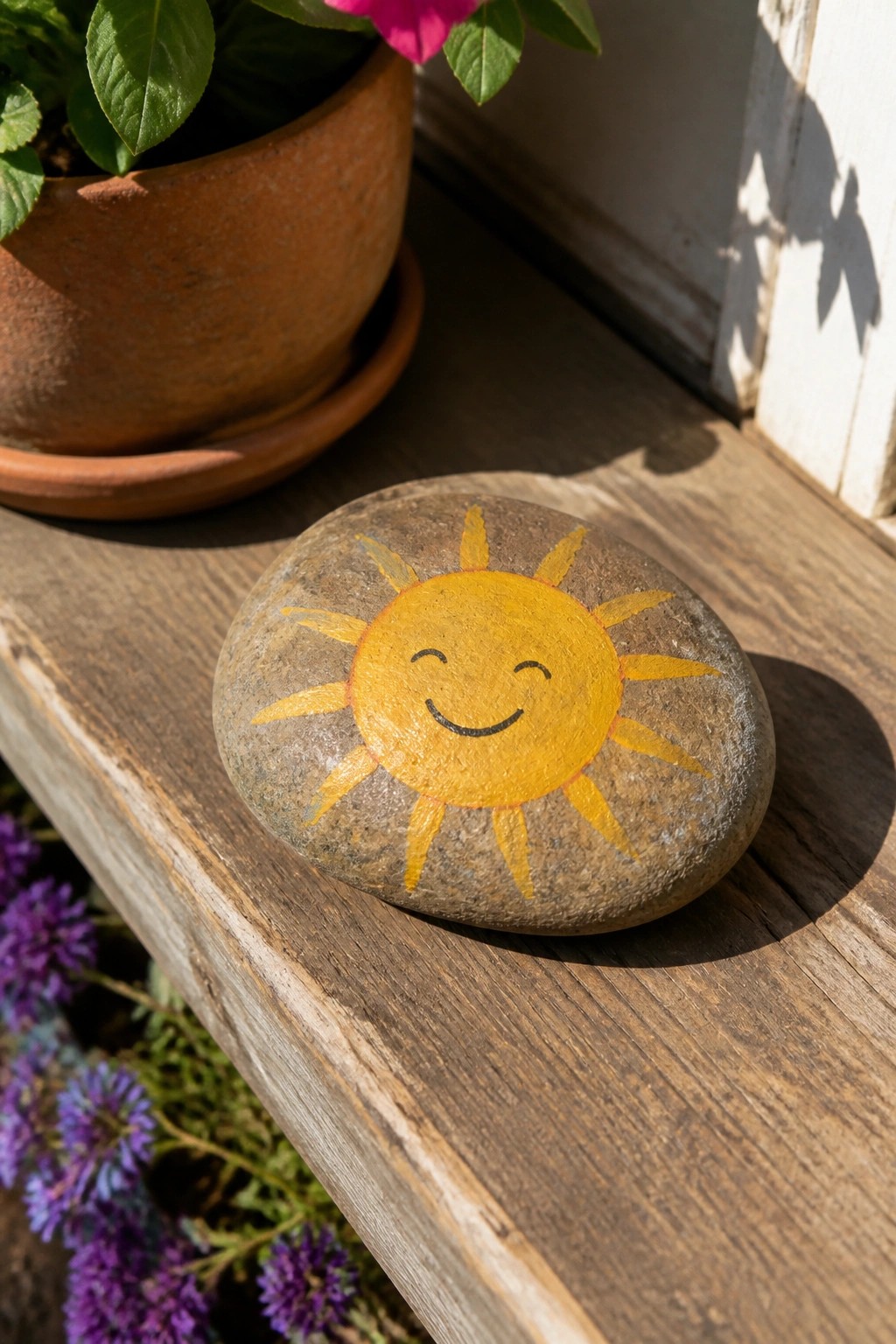 Painted smiling yellow sun on rock atop wooden surface by flower pot