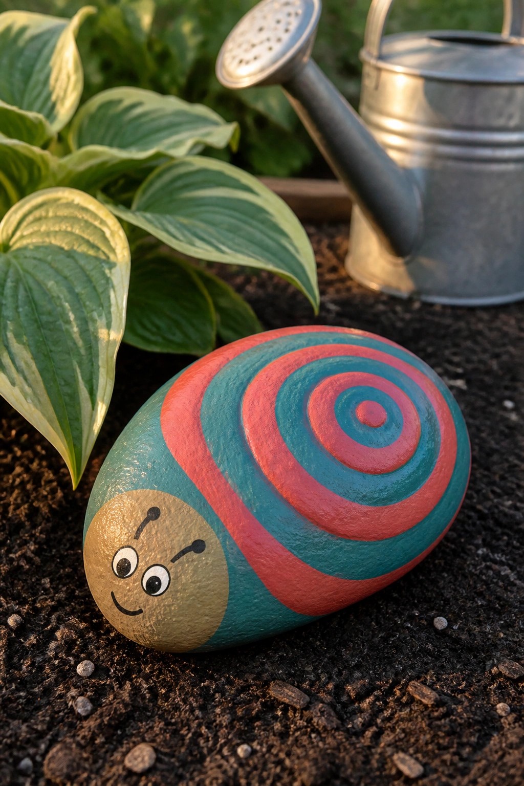 Painted rock snail with red-teal spiral shell on soil near watering can and leaves