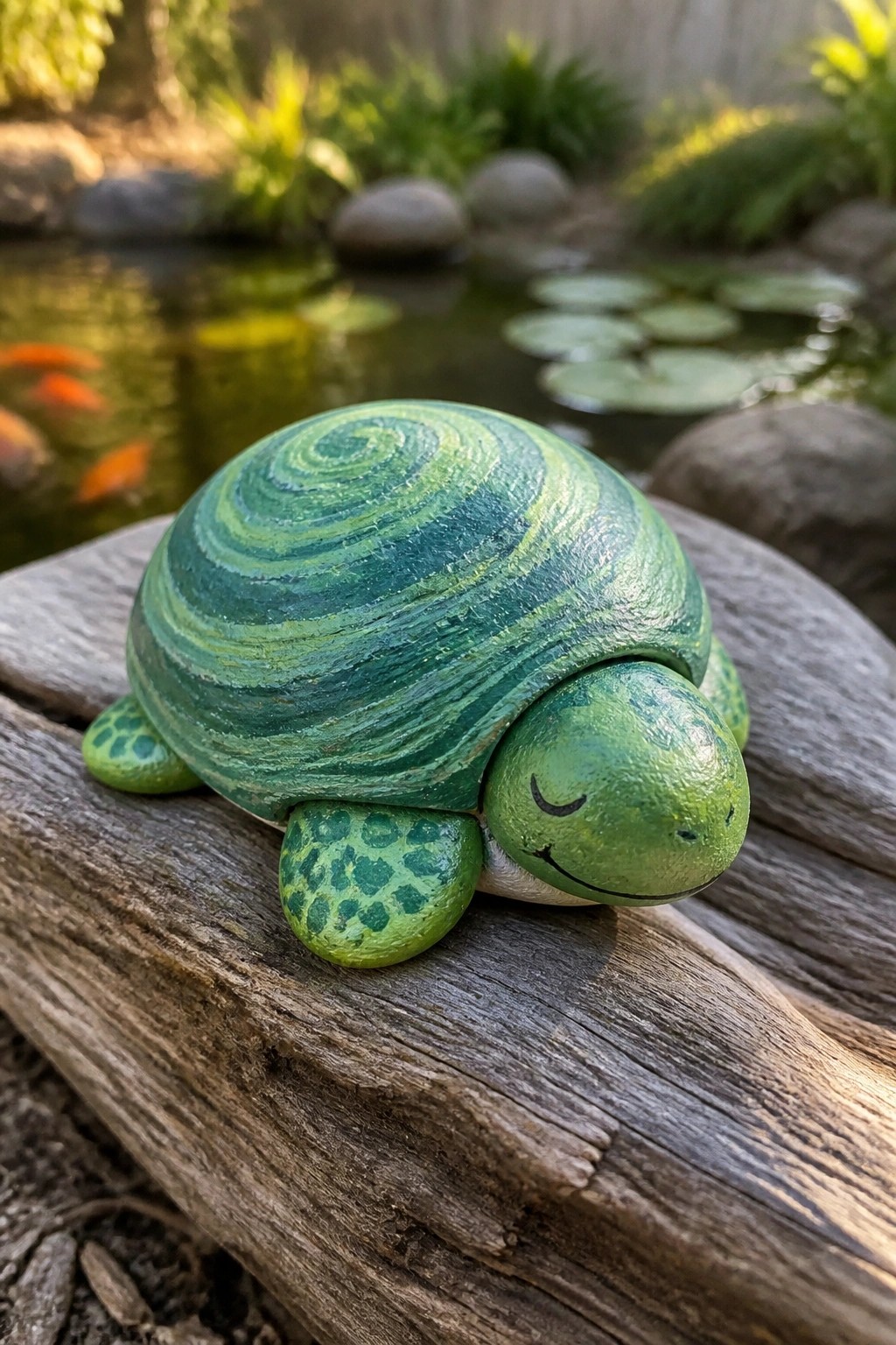 Green wooden turtle figurine with swirling shell on log by koi pond.