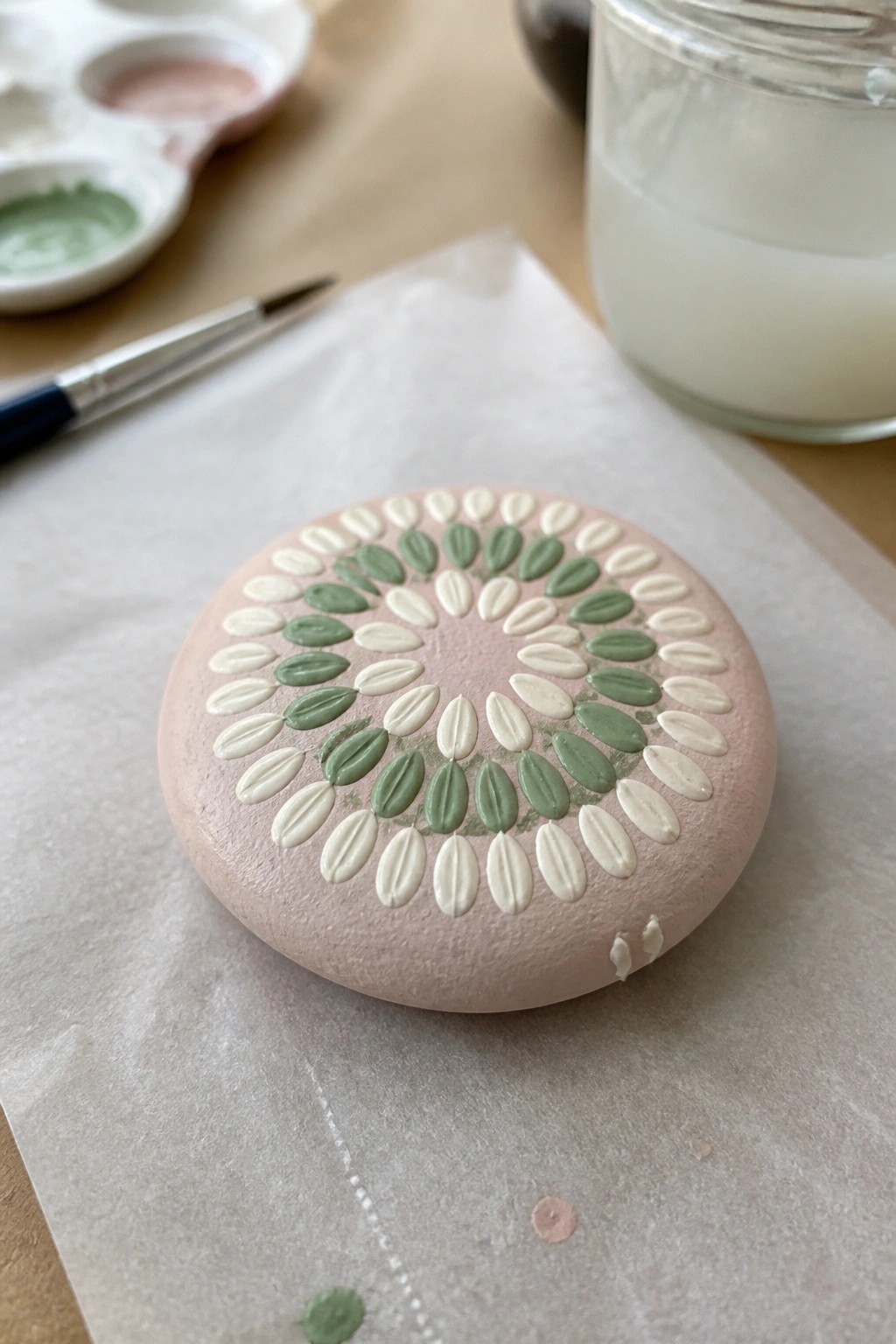 Pink painted stone with green and white mandala petal design on parchment paper