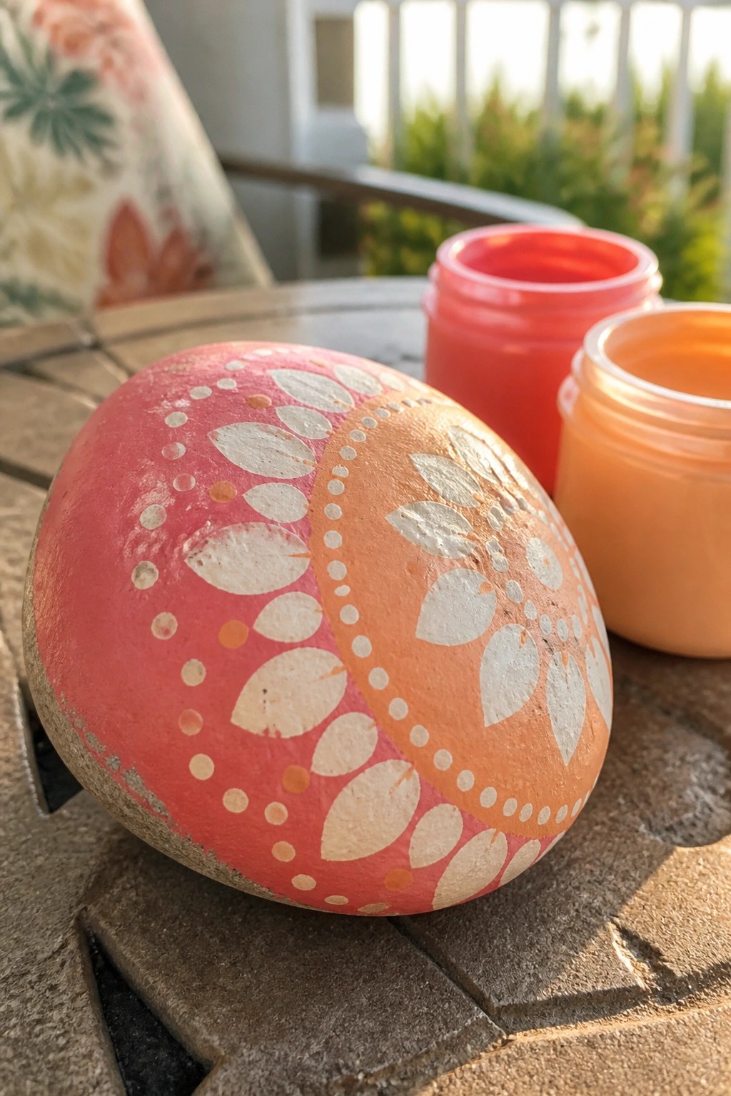 Painted pink and orange rock with white leaf designs beside two paint jars on table