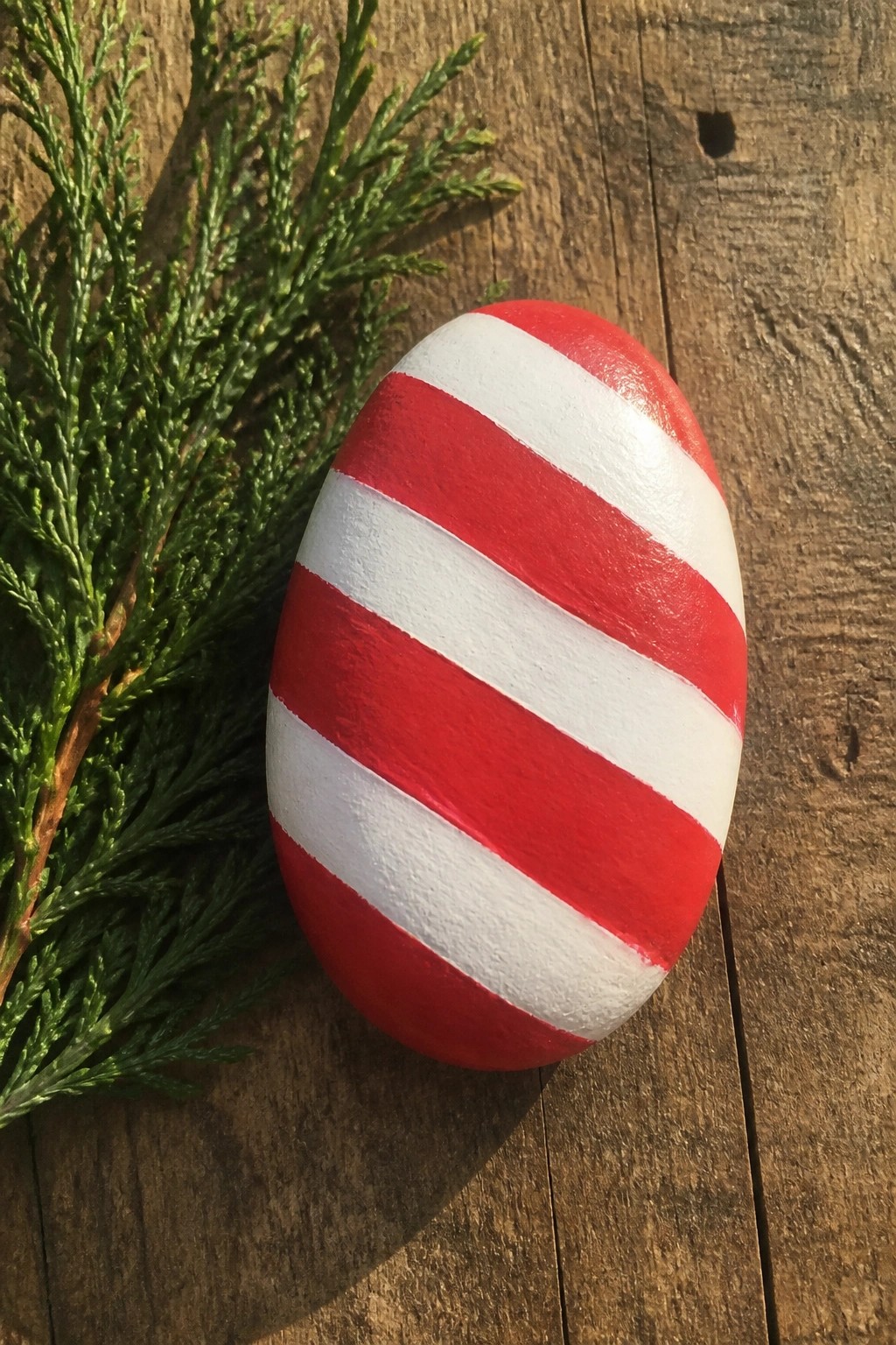 Red and white striped painted oval beside green branch on wood
