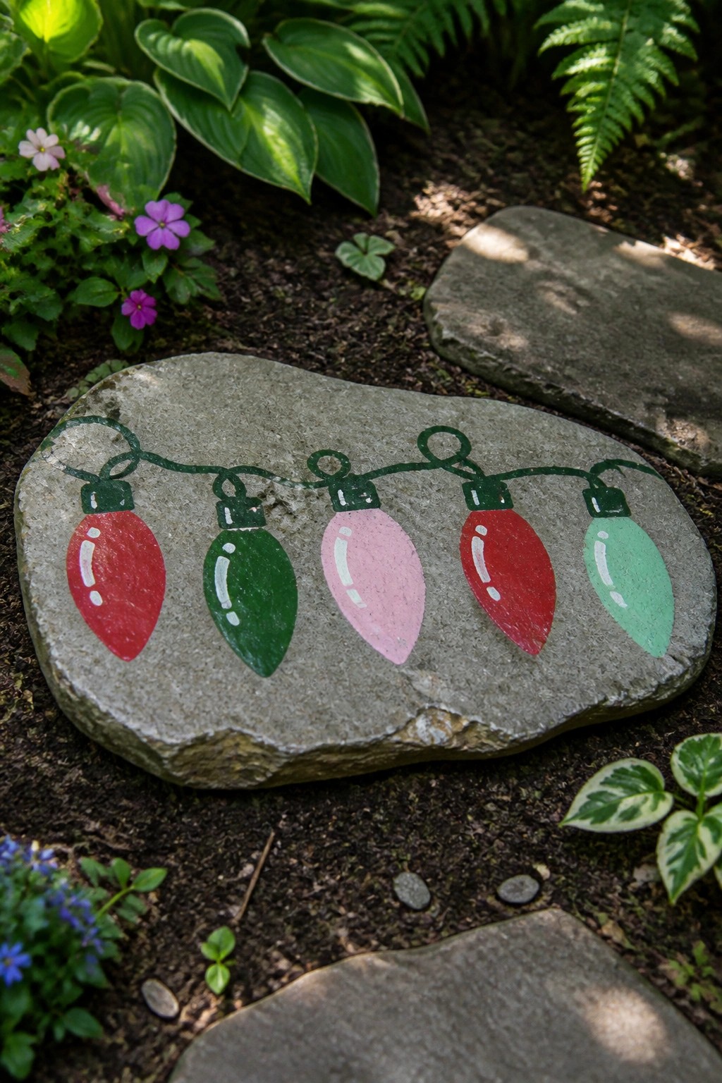 Painted garden stone with string of red green and pink Christmas lights