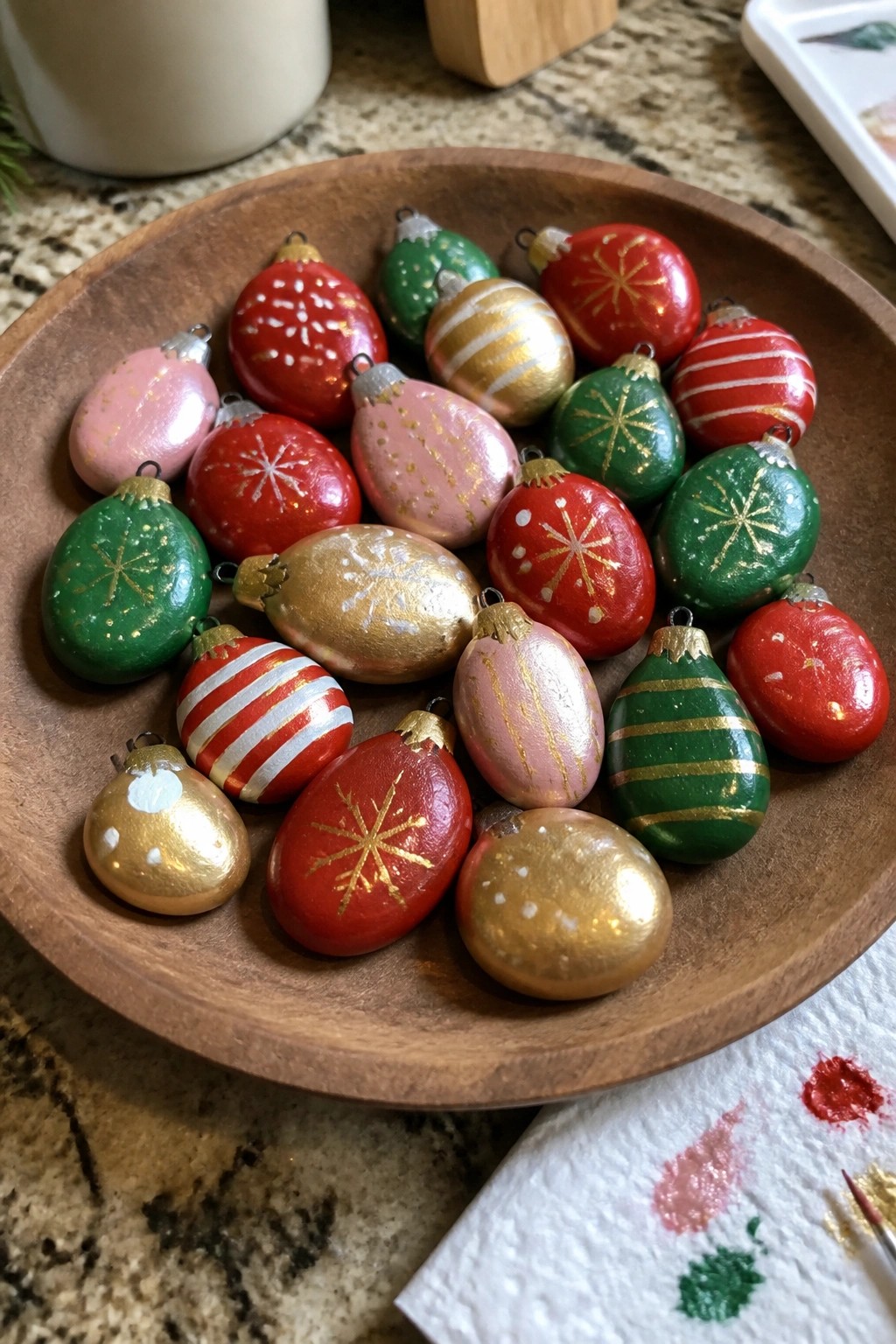 Wooden bowl of hand-painted Christmas ornaments in red, green, pink, and gold patterns