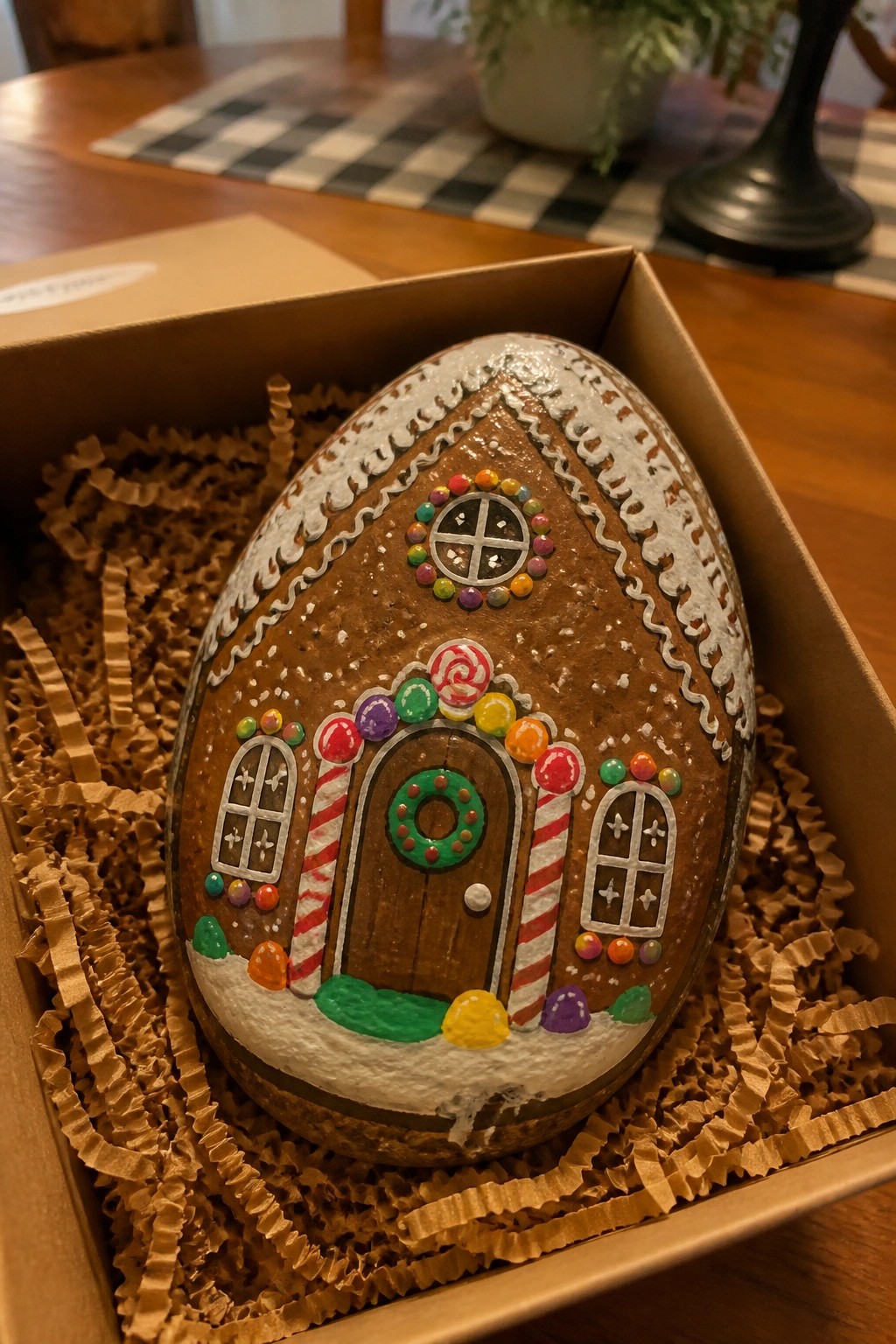 Gingerbread house decorated egg nestled in shredded paper inside cardboard box.