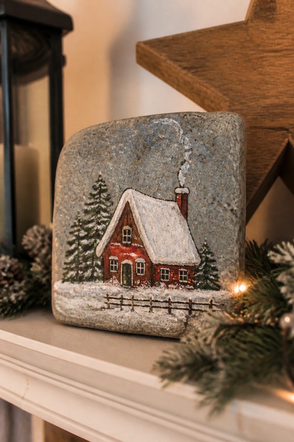 Painted stone showing snowy red house with trees, fence, and smoking chimney