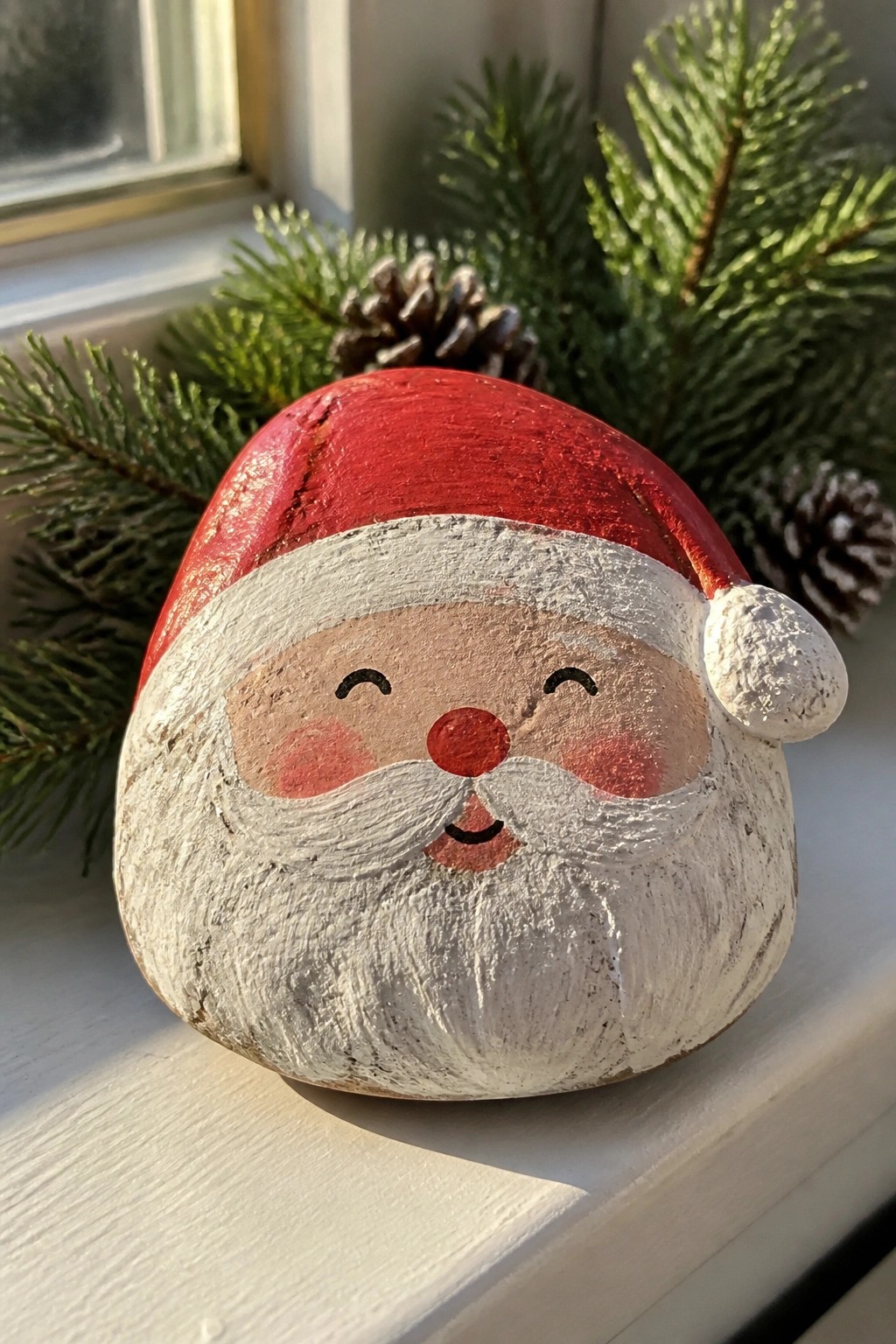 Painted rock Santa with red hat, white beard, rosy cheeks on windowsill with evergreens.