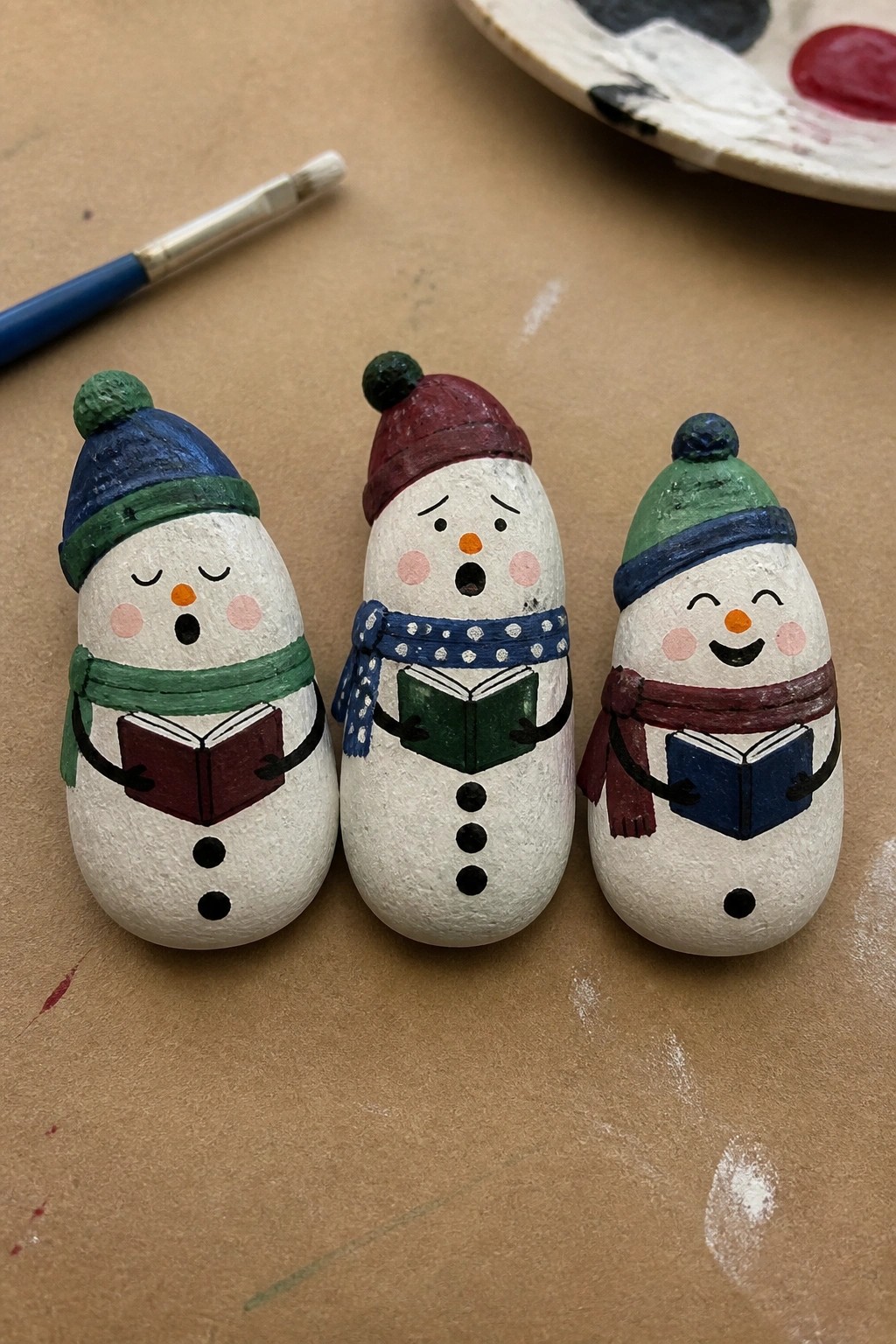 Three painted rock snowmen in colorful hats and scarves holding open books