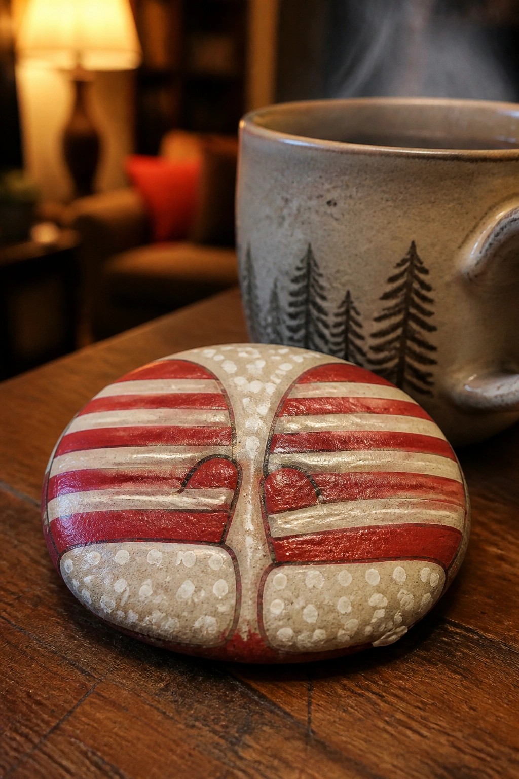 Striped painted rock with face design beside tree-illustrated steaming mug on wood table.