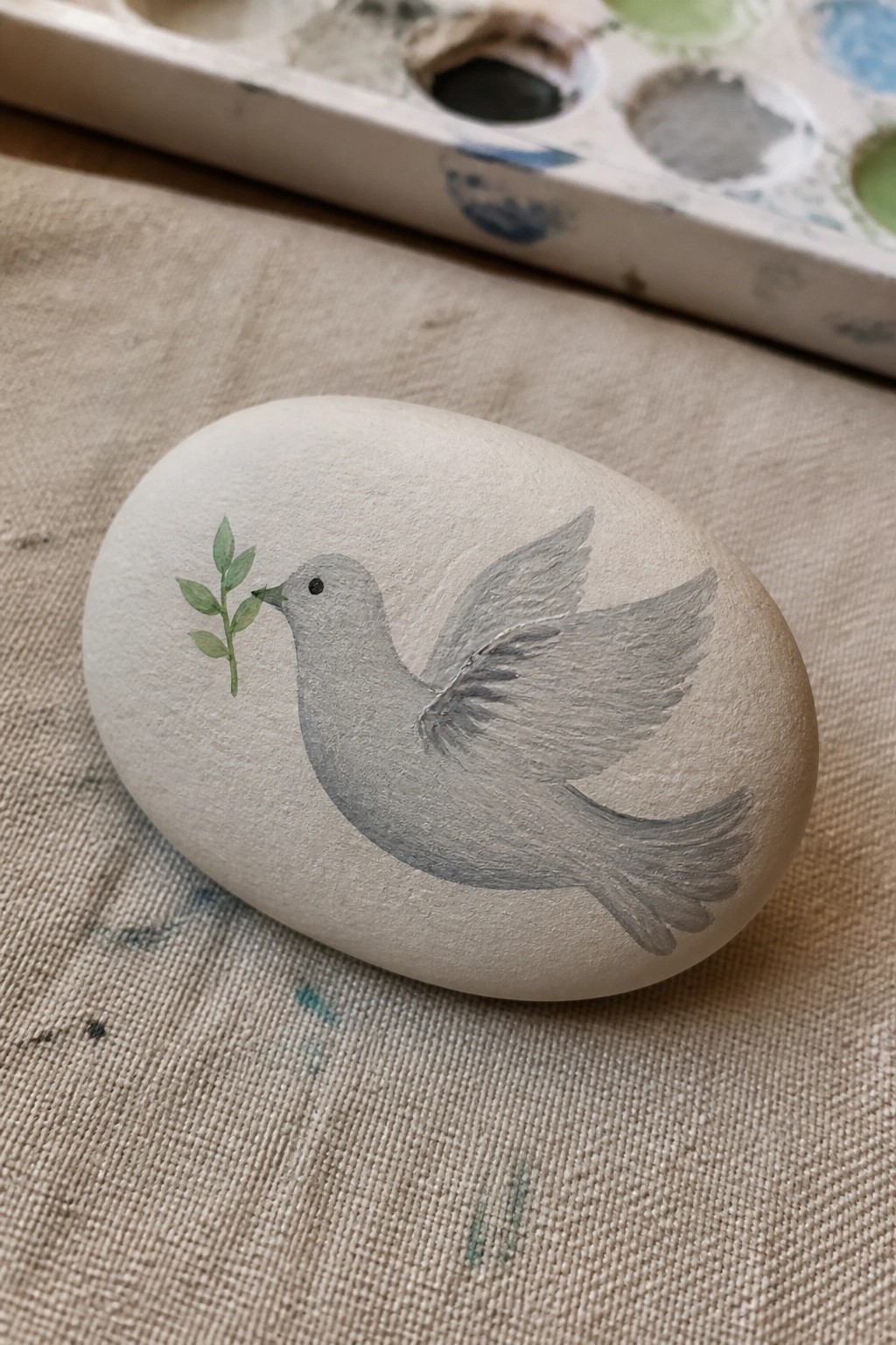 Smooth stone with gray dove holding green branch on fabric beside palette