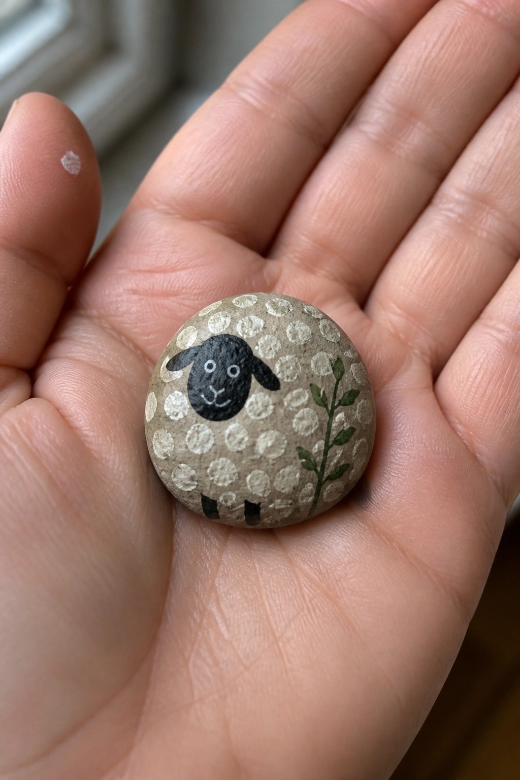 Hand holding a round stone painted as a dotted sheep with black head and plant
