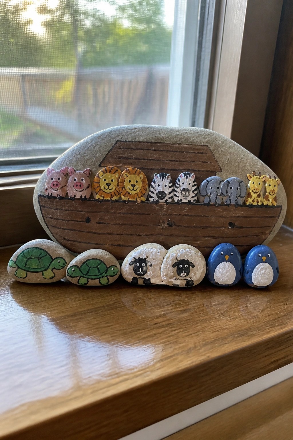 Painted rocks arranged as Noah's Ark with lions, zebras, elephants, giraffes, turtles, sheep, and penguins.