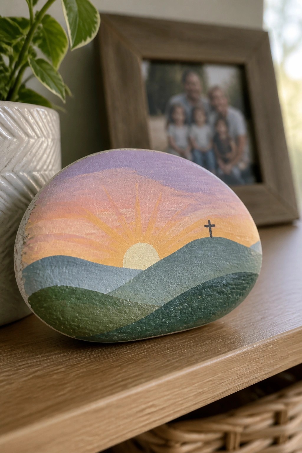 Painted rock with sunset over layered hills, glowing sun, rays, and small cross.