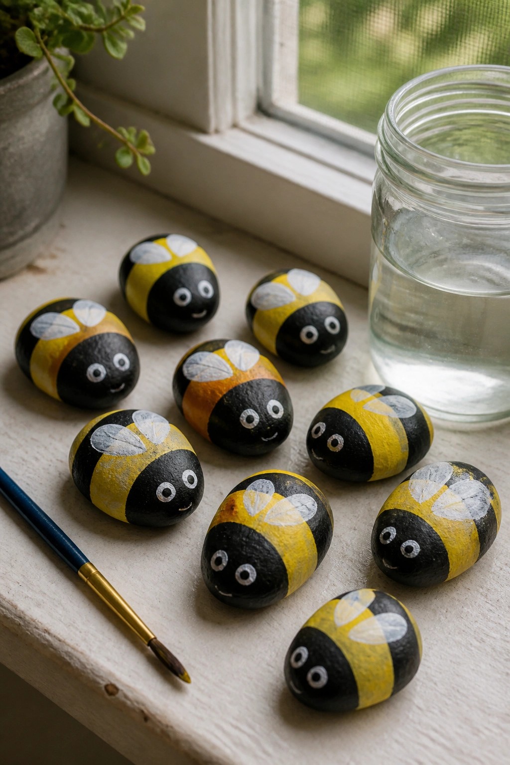 Painted bee rocks in yellow and black stripes on windowsill with paintbrush and jar