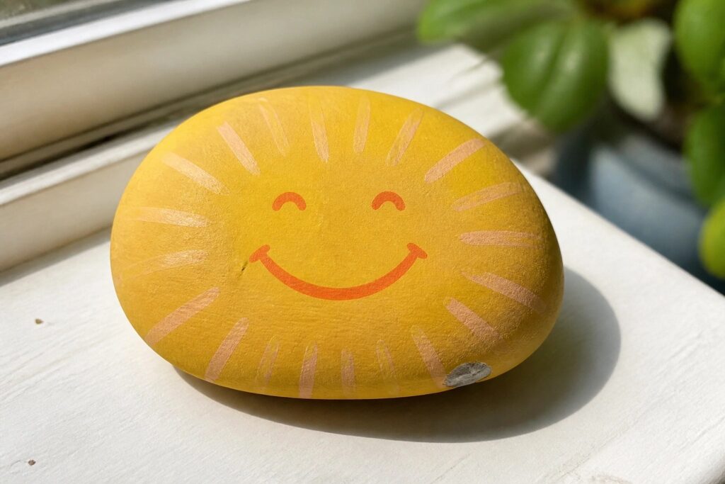 Yellow rock painted with smiling sun face on windowsill beside green plant