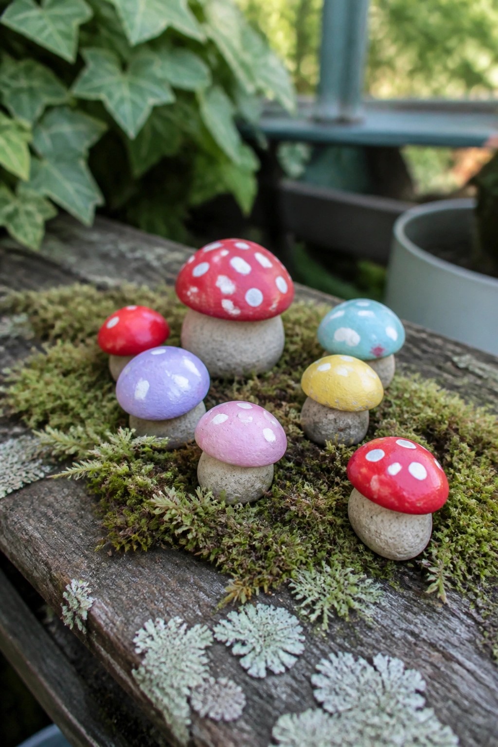 Colorful painted stone mushrooms with white spots on green moss atop wood