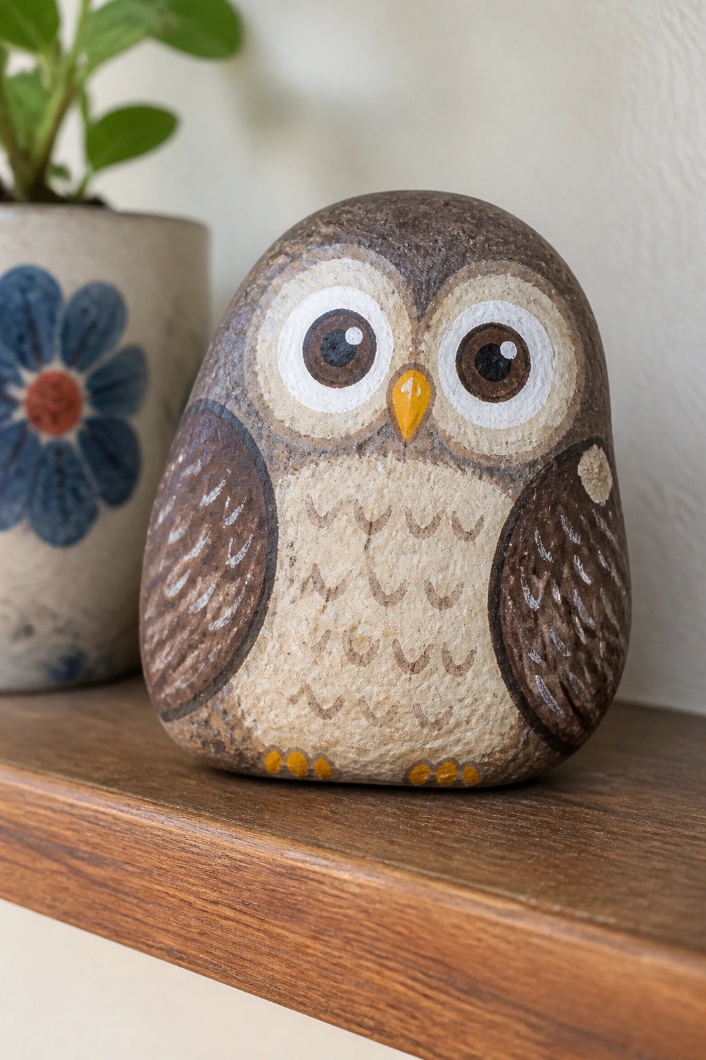 Painted owl rock with large eyes on wooden shelf beside floral pot