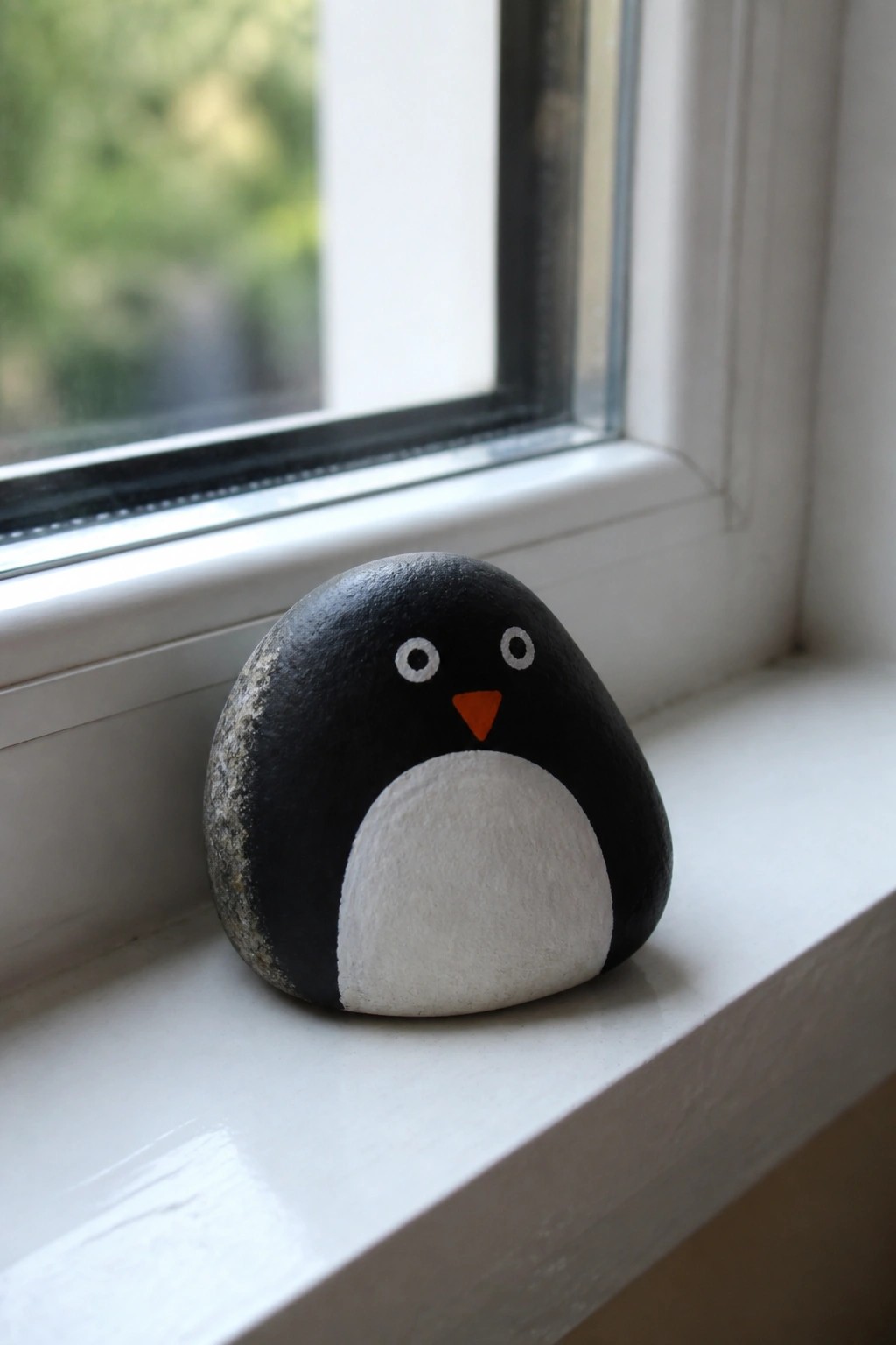 Painted black-and-white penguin rock with orange beak on white windowsill by window.