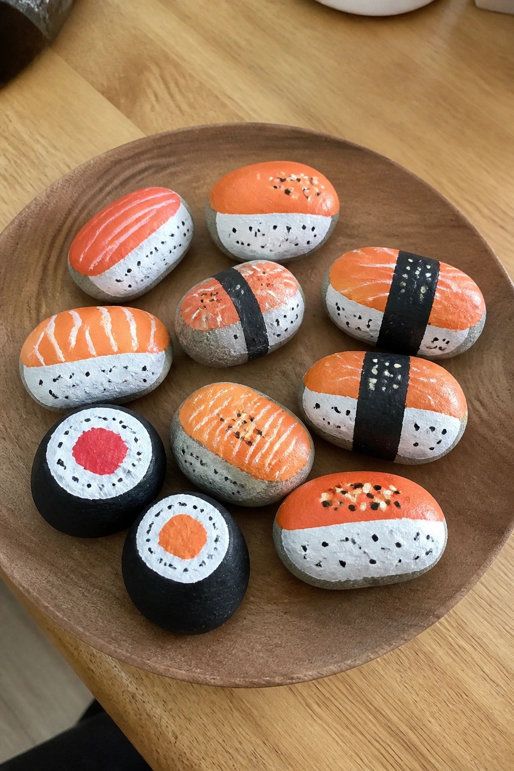 Painted rocks mimicking assorted sushi pieces on a round wooden plate.