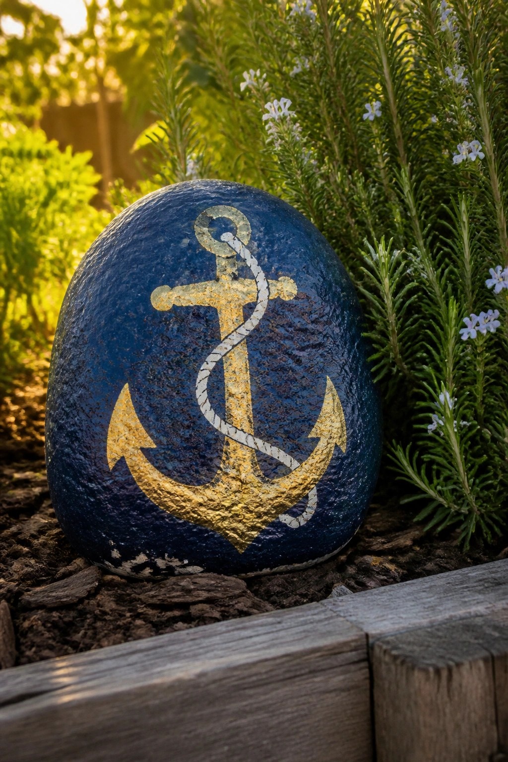 Blue rock painted with gold anchor beside green flowering plants in garden
