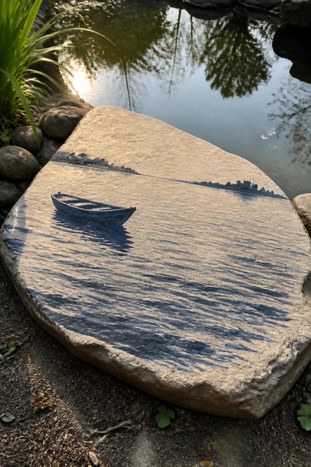 Stone etched with blue boat on rippled water and distant treeline.