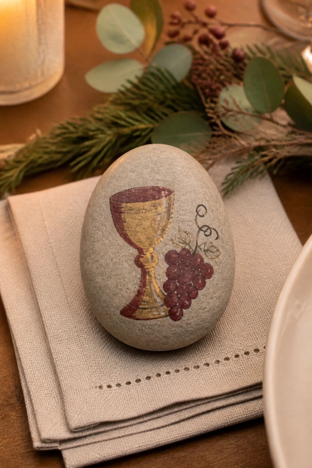 Painted gray stone with gold chalice and grapes on stacked beige napkins amid greenery.