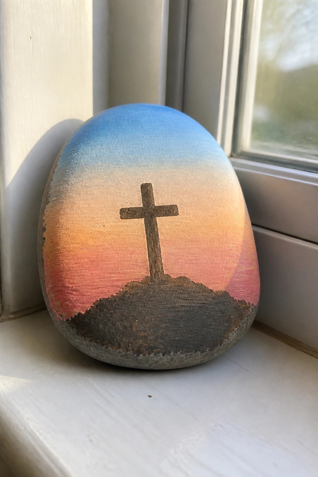 Painted rock with sunset gradient and cross on hill on windowsill