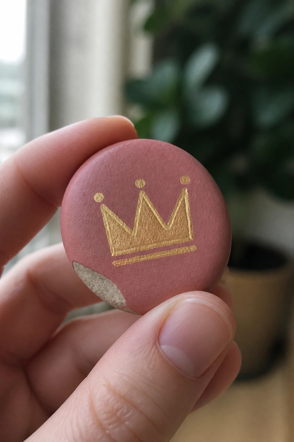 Hand holding pink disc with gold crown design and chipped edge.