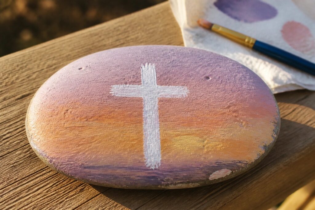 Painted rock with white cross over purple-pink-orange sunset gradient beside paintbrush.