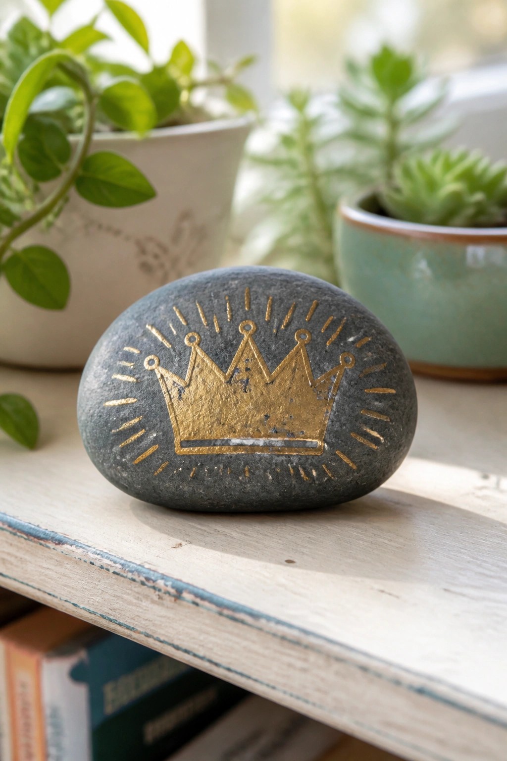 Gray stone with gold crown on wooden shelf amid potted plants