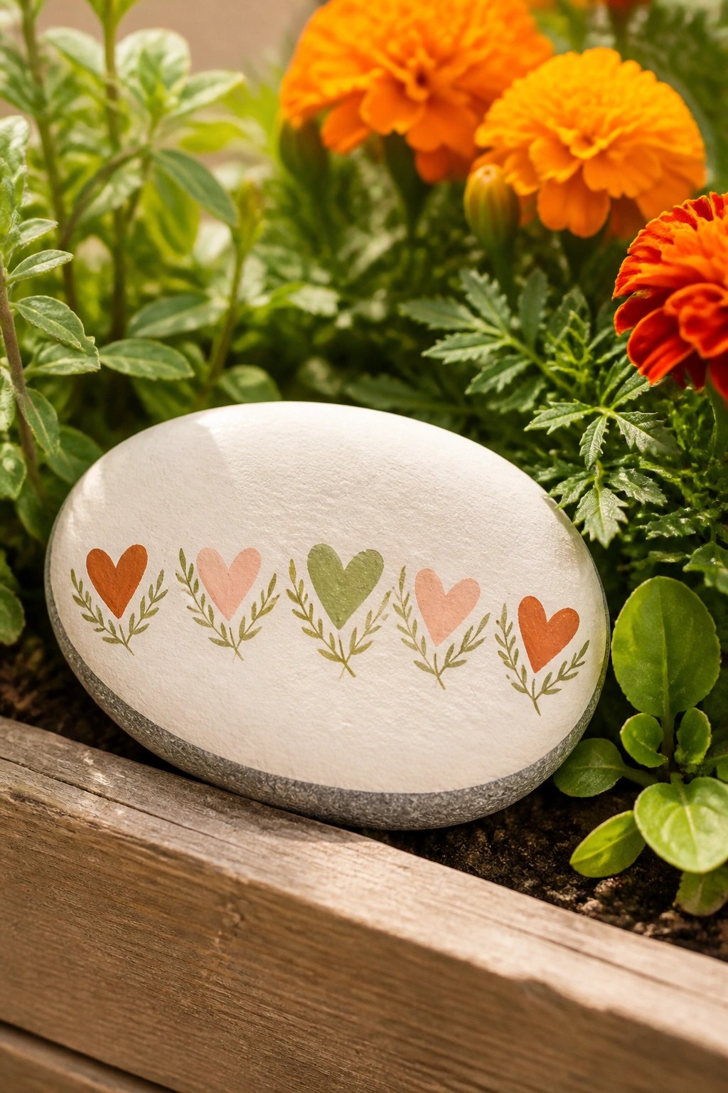 White oval stone painted with colorful hearts and leaves amid orange marigolds
