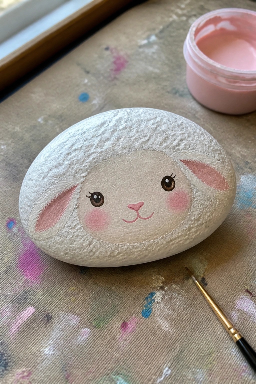 Painted lamb-faced rock on splattered cloth beside pink paint jar and brush