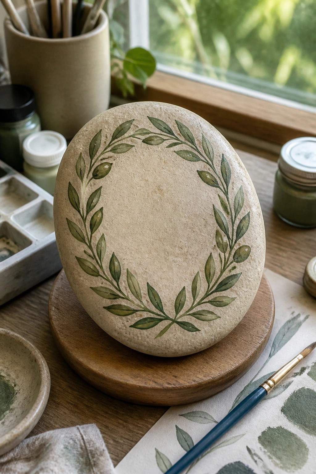 Painted beige stone with green leaf wreath on wooden base amid art supplies