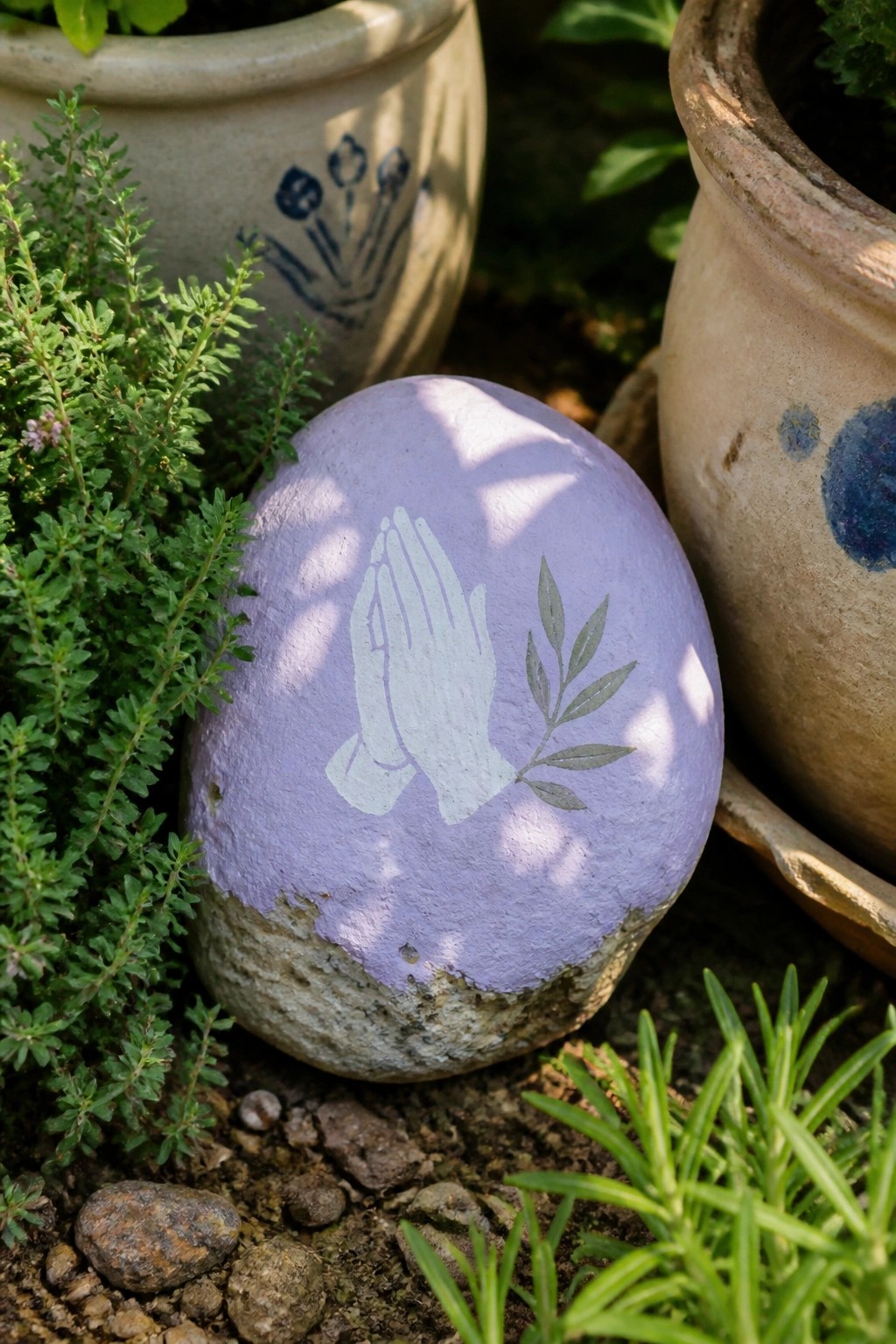 Purple rock painted with praying hands and green branch amid garden plants