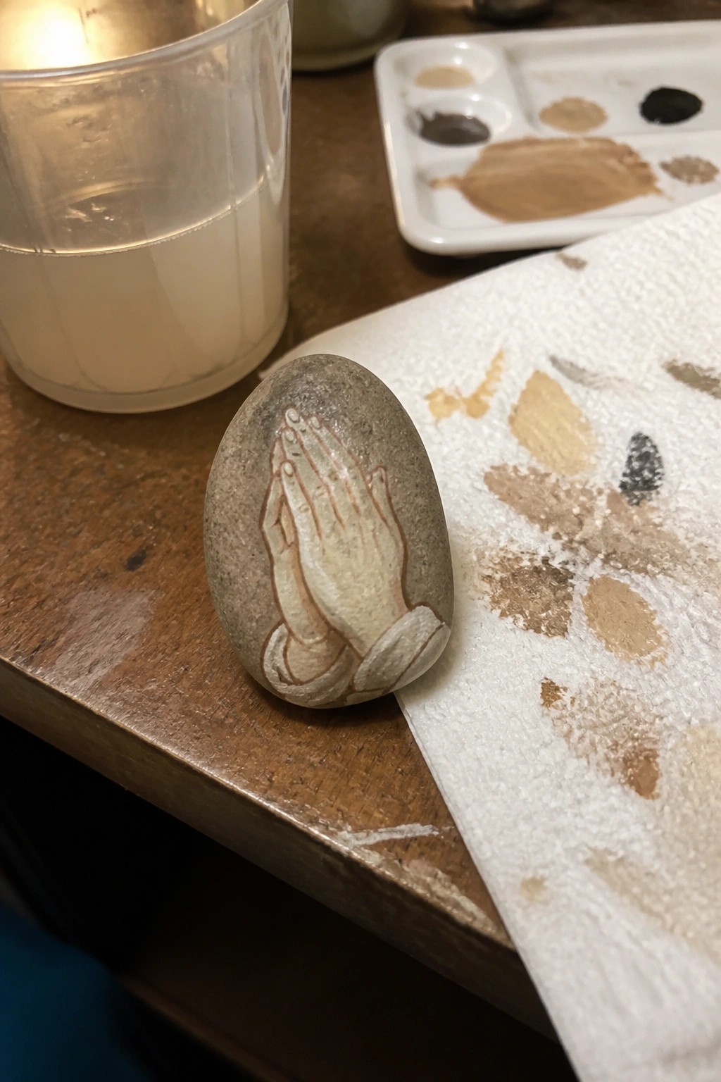 Stone with praying hands painting beside paint palette and stained paper towel on wood