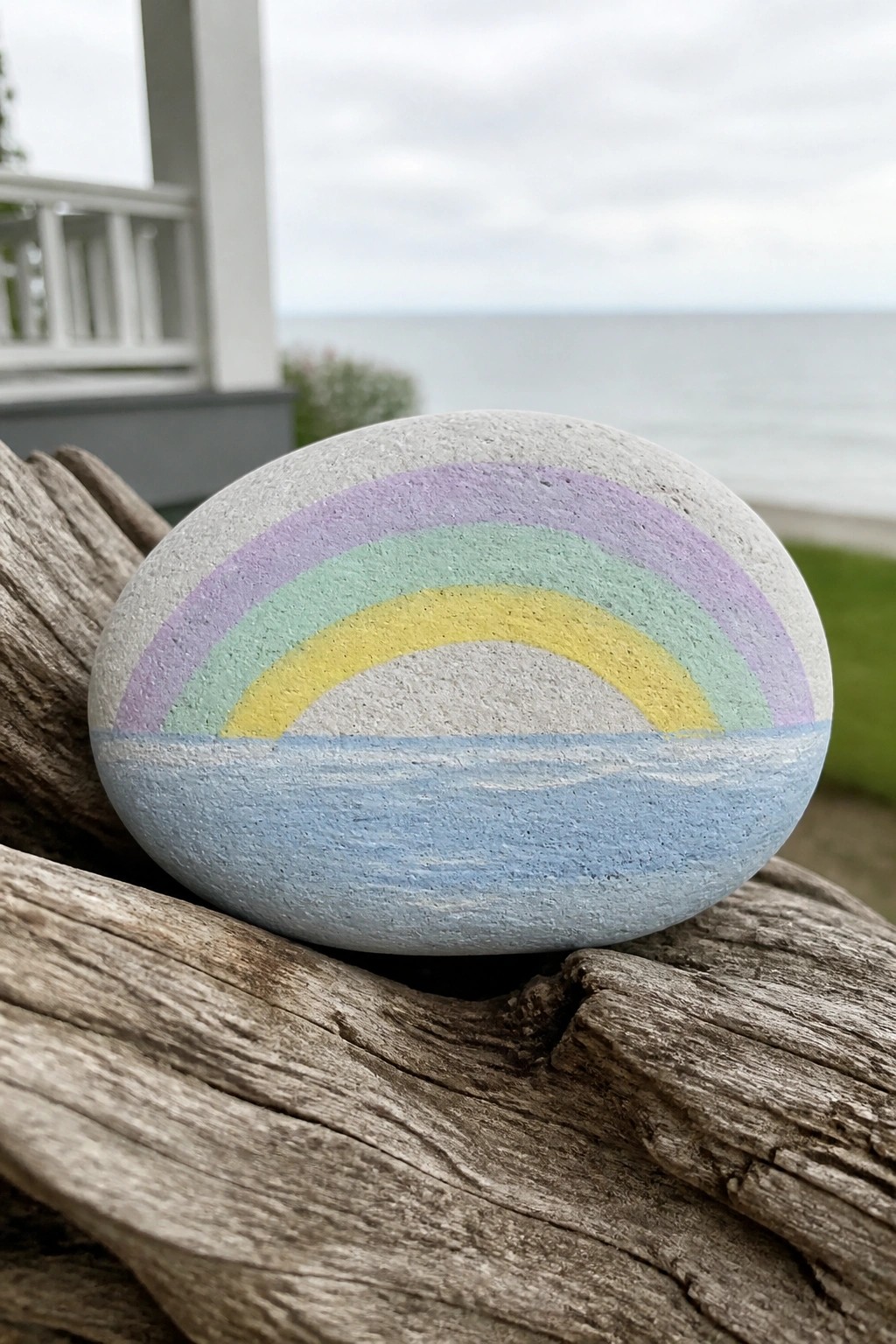 Painted gray rock with rainbow over blue waves on driftwood