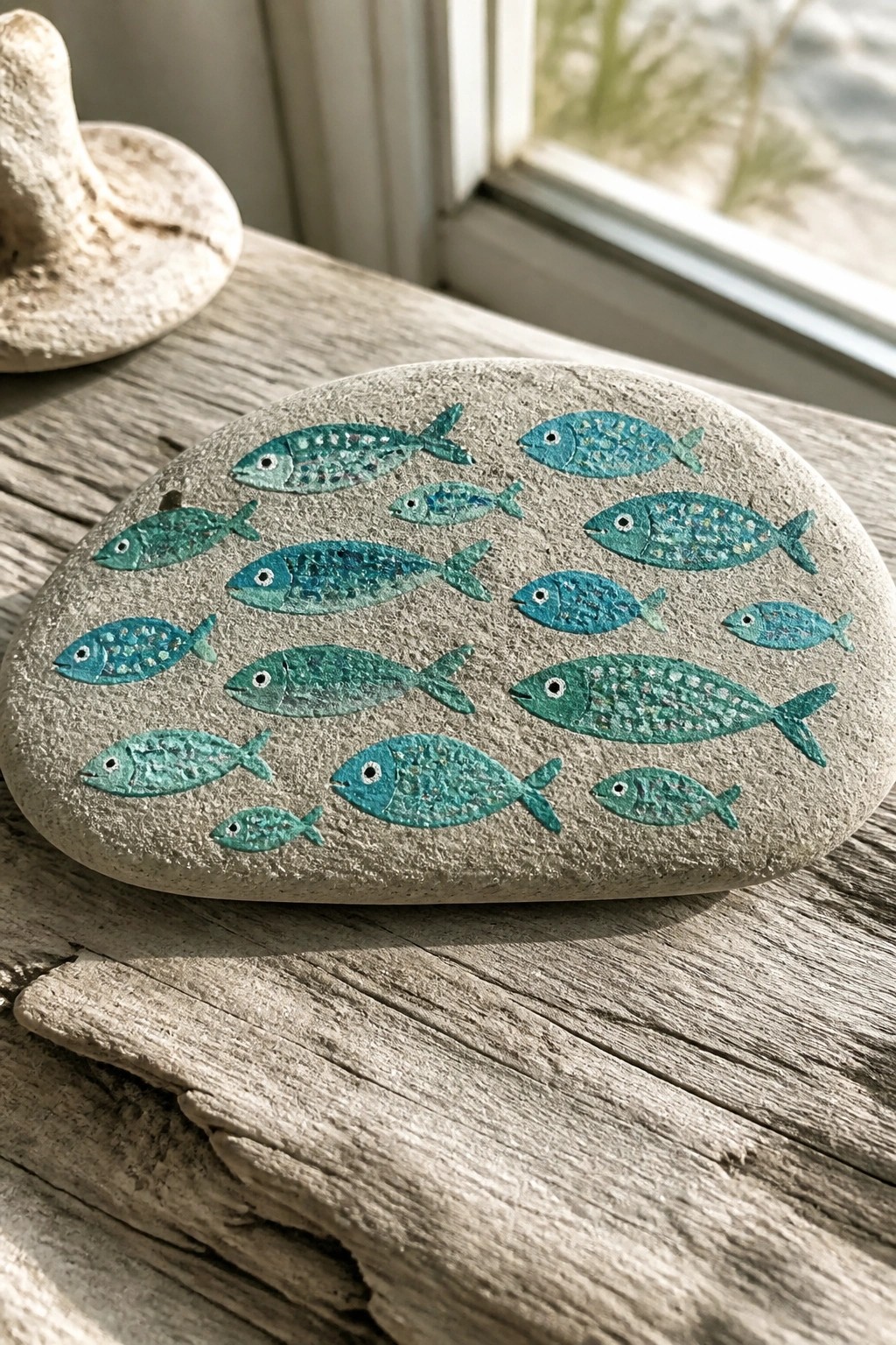 Oval gray stone painted with turquoise fish on weathered wooden surface