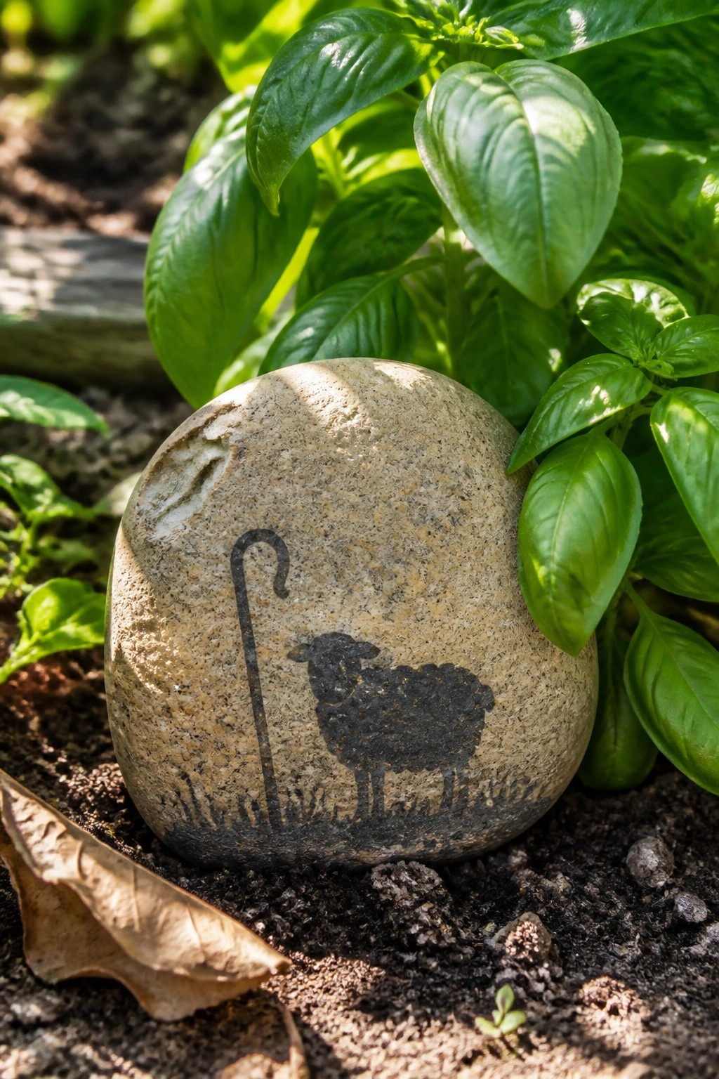 Painted stone with black sheep and crook amid green leaves on soil.