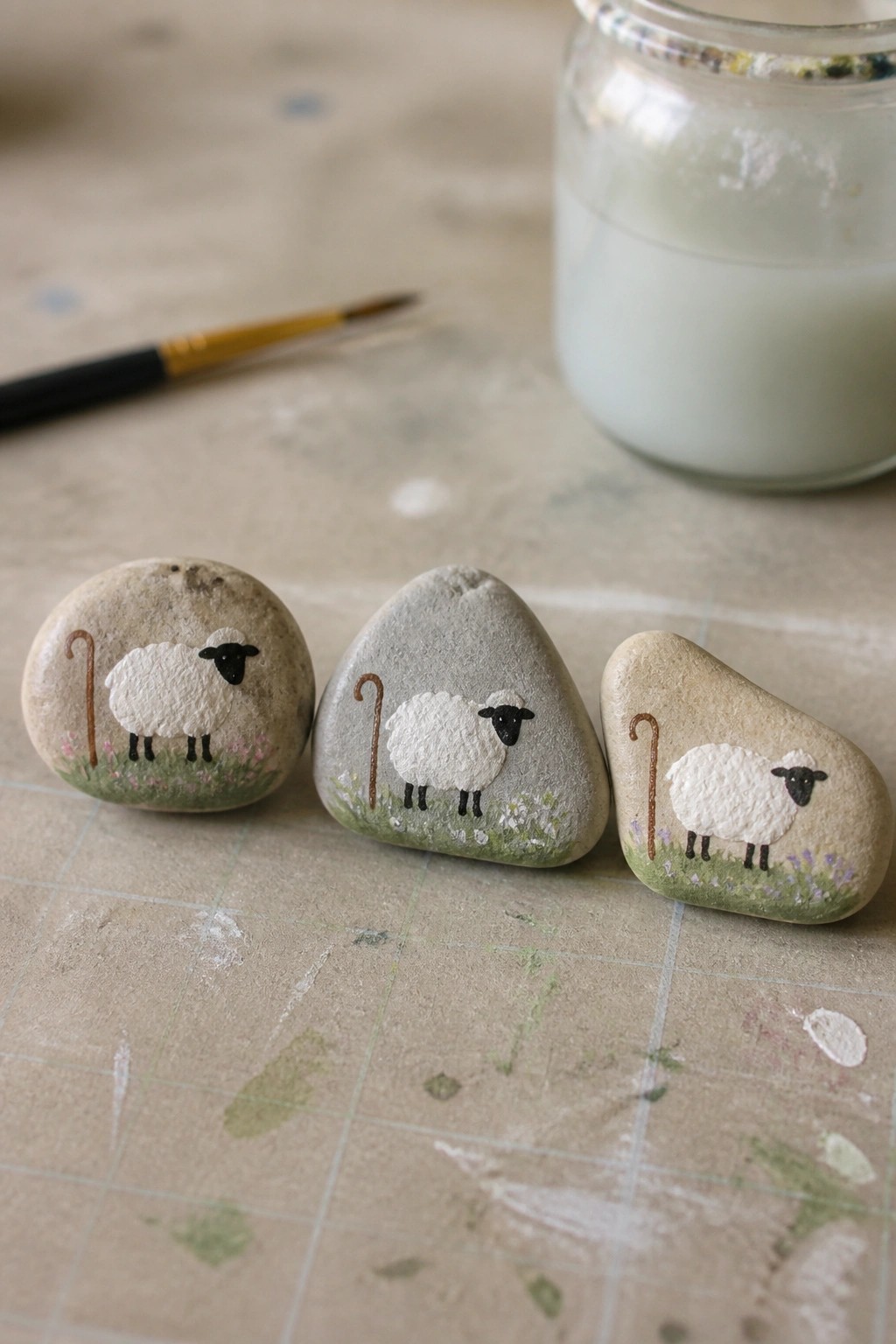 Three painted rocks with white sheep and crooks beside a paintbrush and jar on grid paper