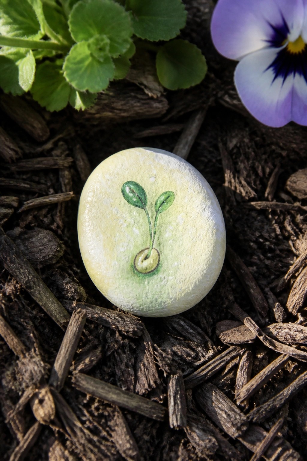 Painted stone with green sprout on soil beside purple flower and leaves