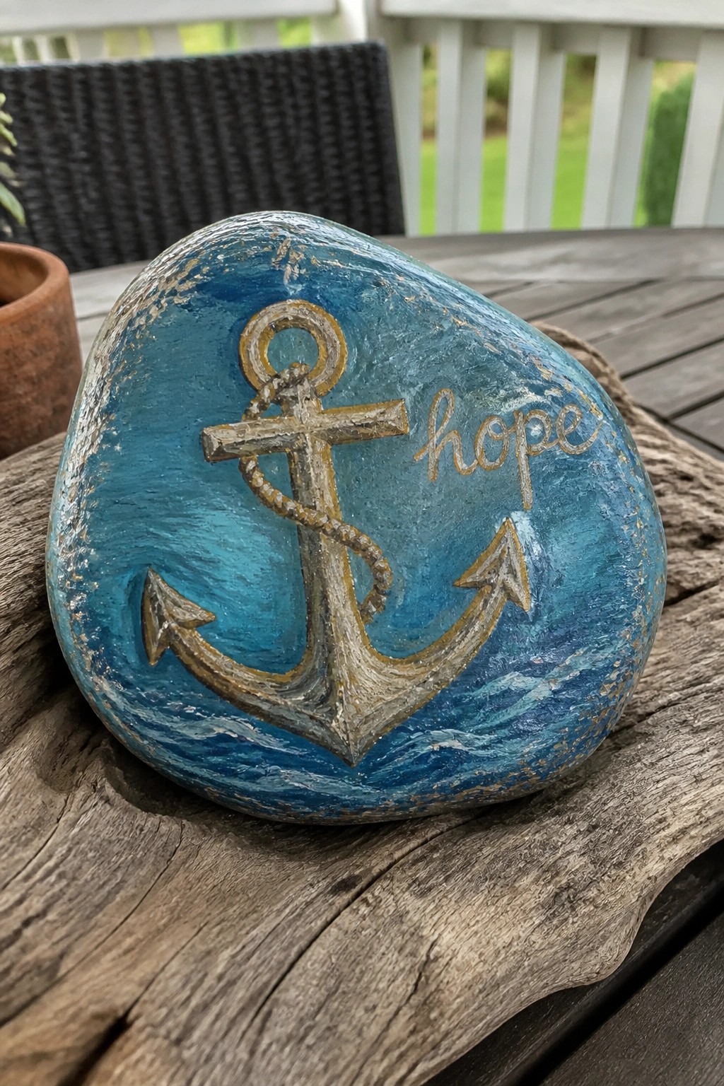Blue painted rock with anchor symbol and 