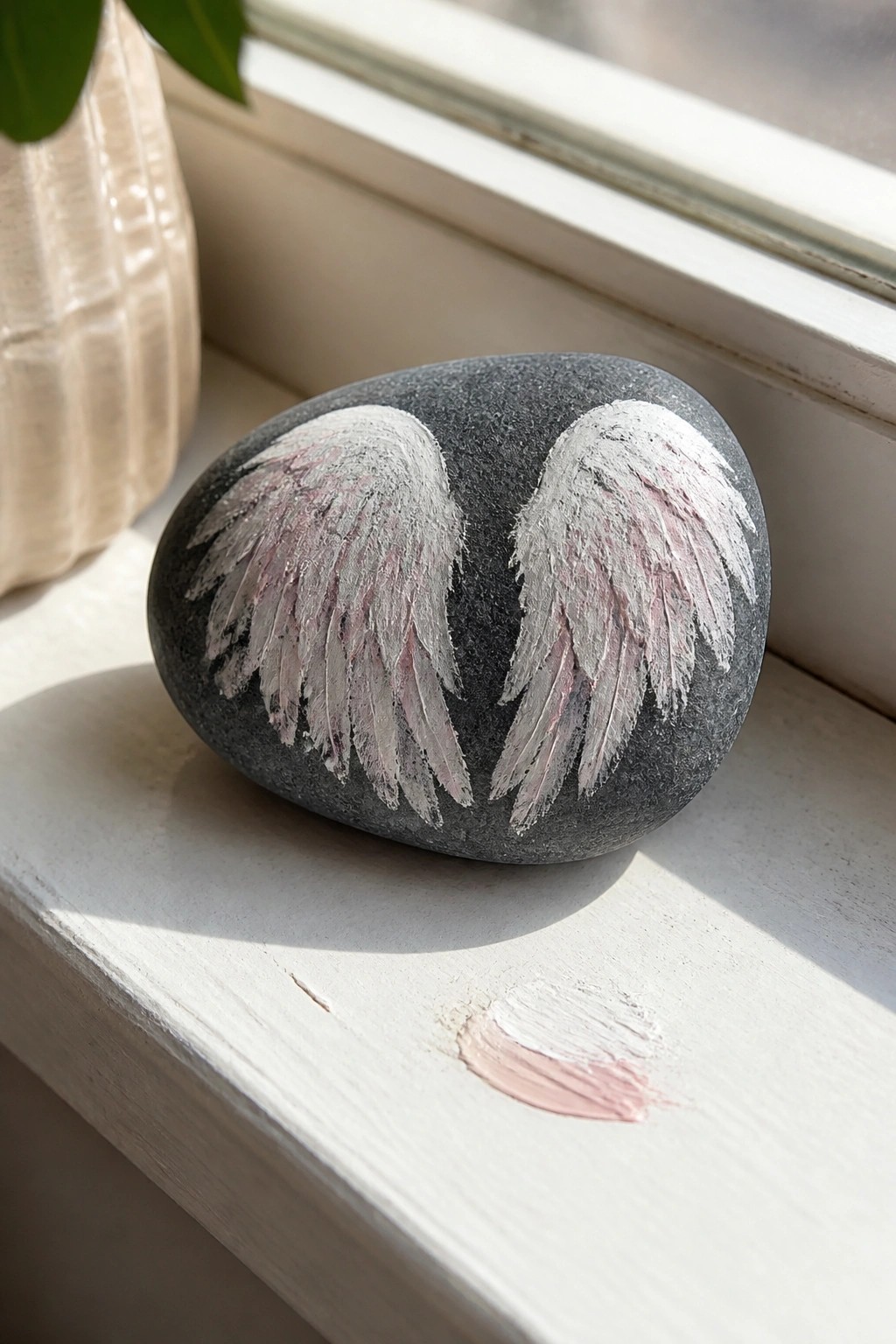 Gray stone with white and pink angel wings on sunlit white windowsill